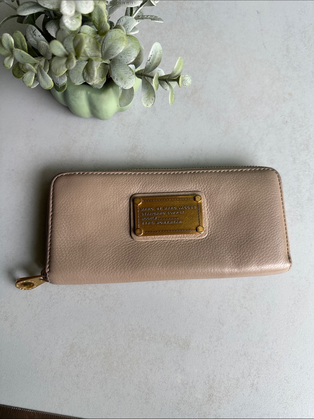 Marc by Marc Jacobs Taupe Leather Zip-Around Wallet with Gold Plaque